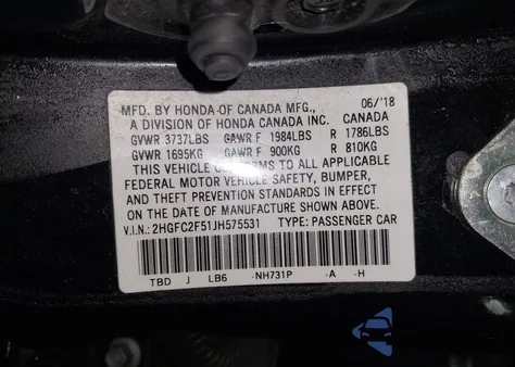 2018 Honda Civic Lx из США, поврежденный, VIN 2HGFC2F51JH575531